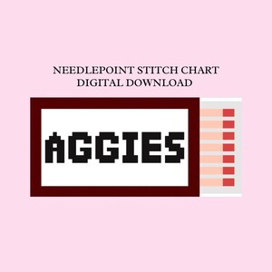 Puede incluir: Un gráfico de puntada de aguja de descarga digital con la palabra "AGGIES" en letras negras pixeladas dentro de un rectángulo rojo oscuro. La imagen incluye un fondo rosa claro y el texto "NEEDLEPOINT STITCH CHART DIGITAL DOWNLOAD".