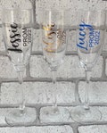 Prom personalised champagne flutes, white plastic flutes, schools out, prom glasses