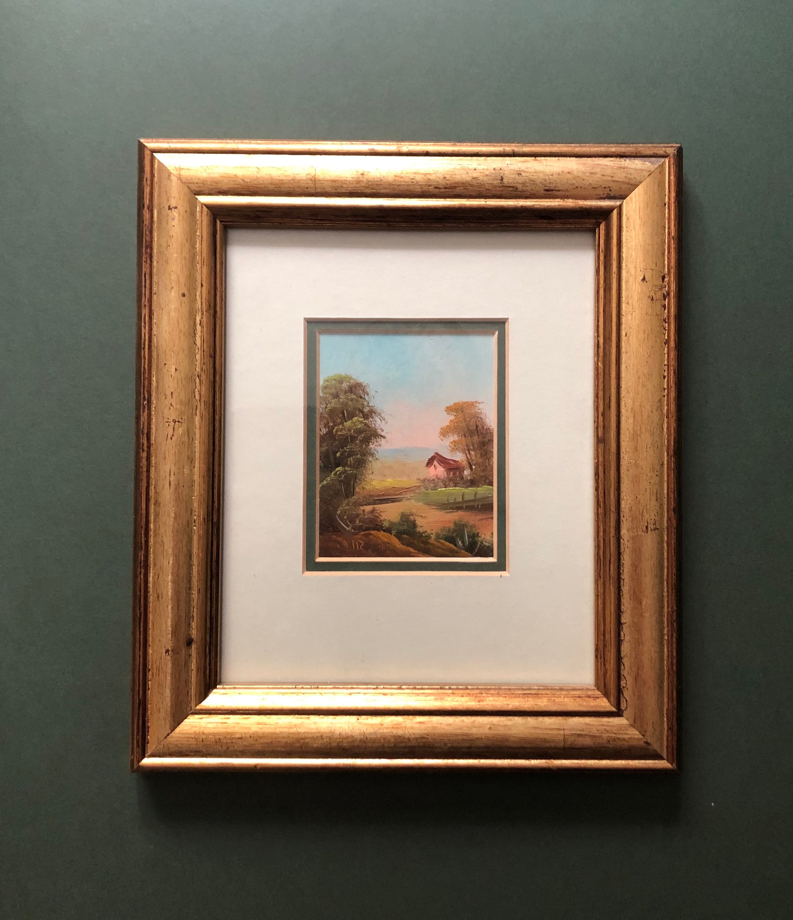 Miniature oil painting in gold frame with glass cover seal oil Etsy