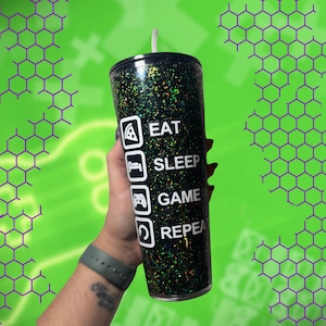 Gamer Snowglobe Tumbler | Video Games | PC Games | Gaming Console | Game Controller | Eat, Sleep, Game, Repeat | Gamer Girl | Gamer Guy