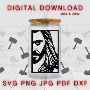 May include: A black and white silhouette of Jesus' face on a clear glass tumbler with a wooden lid. The tumbler is 16oz or 20oz. The image is for a digital download.