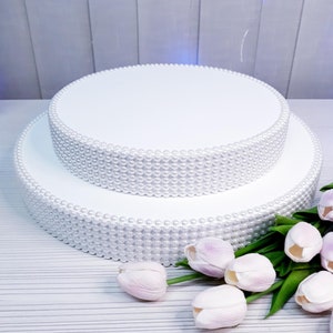 Two tier wedding cake stand, Cake stand height 4 inches, round cake stand with pearls sides, white wedding cake stand,  pearls cake stand