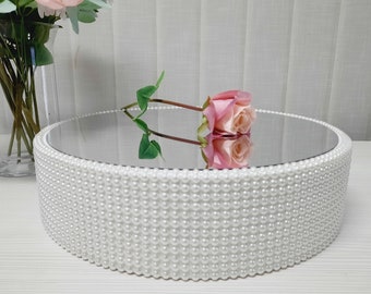 Cake stand height 4 inches silver mirror, round cake stand with pearls sides, white wedding cake stand mirror, beautiful cake stand mirror