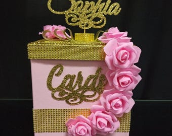 Sweet 16 card box, square pink card box, sweet 16 card box rose, quince money box, Quinceanera, Mitzvah card box roses rhinestones