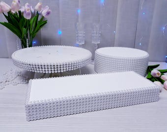 SET of 3 wedding cake stands, white cake stands, pearl cake stands, wooden cake stand, round cake stand, cake stand set, round cake platter