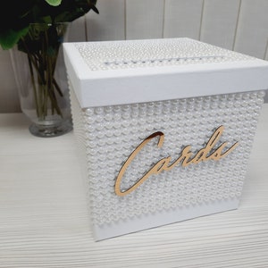 Card Box für Hochzeit, weiße Kartenbox, quadratische Kartenbox mit Perlmutt Perlen