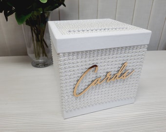 Card Box for wedding, white card box, square card box with mother-of-pearl beads