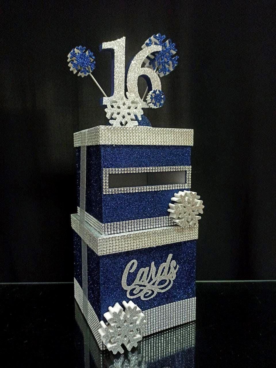 Sweet 16 card box winter wonderland, birthday gift card box, Quinceanera, Quince money box winter theme, navy blue, silver cardbox snowflake