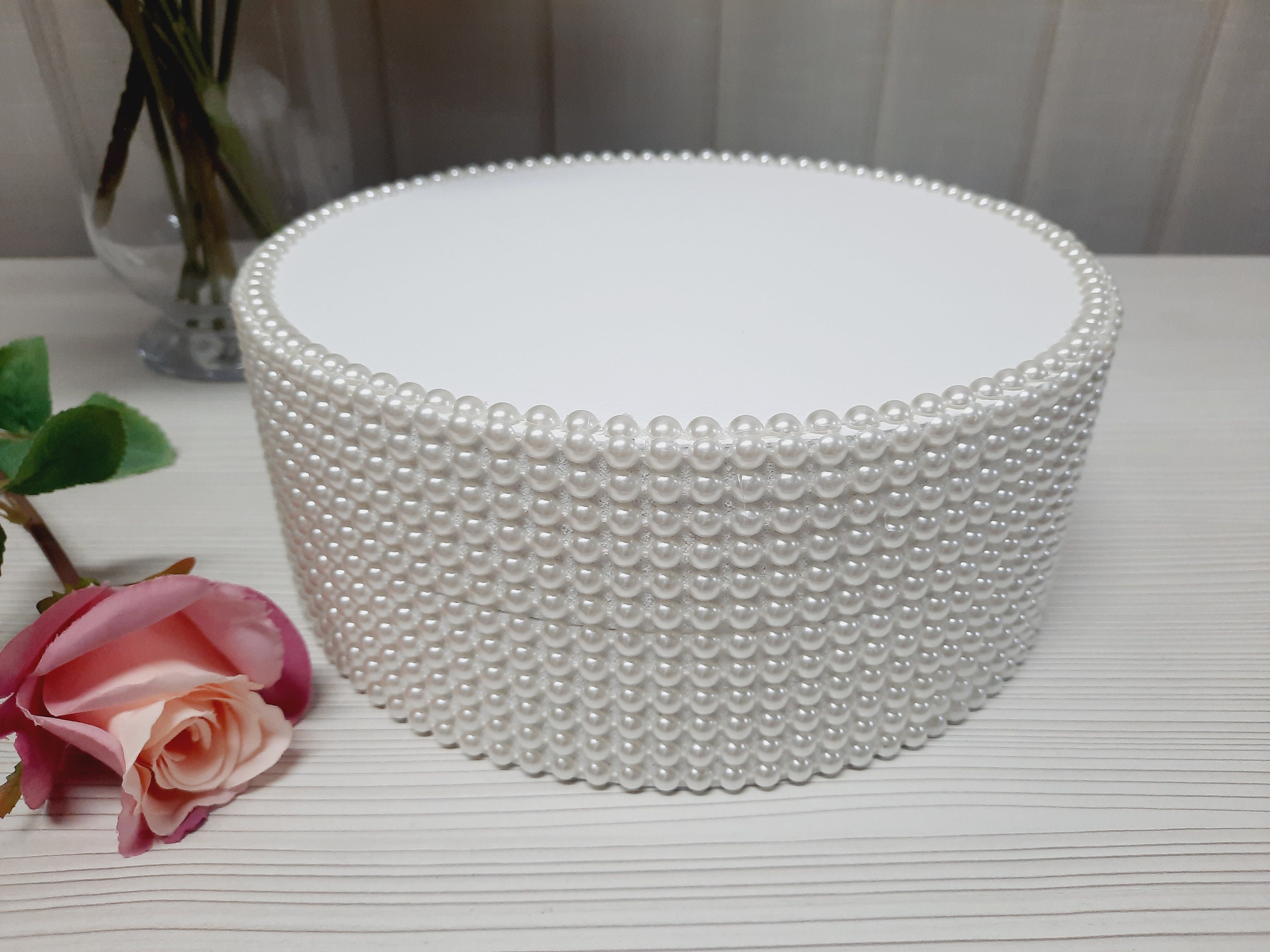 Cake stand height 4 inches, round cake stand with pearls sides, white wedding cake stand,  pearls beautiful cake stand