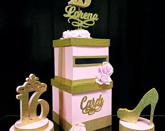 Sweet 16 gift card box, Quinceanera money box, pink and gold card box for cards, 16th birthday card holder for gifts