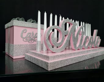 Sweet 16 candelabra, Quinceanera, Quince candle lighting, sweet 16 candle holder light pink, name sign, card box, sweet 16 decoration