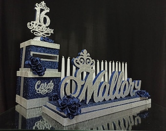 Navy blue sweet 16 candelabra, SET sweet 16 candle lighting centerpiece, card box, candle holder, foam name sign, Quinceanera decorations