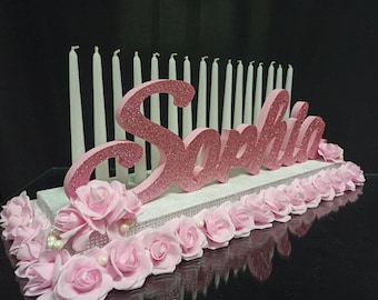 Sweet 16 candelabra, Quinceanera candle lighting centerpiece, pink candle holder, name sign, sweet sixteen decor, sweet 16 candles and name