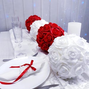 Wedding flower ball, flower ball, table centerpieces, white roses wedding ball, flowers centerpieces, table flower ball, red flowers balls