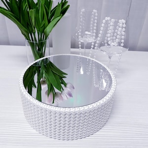 Wedding cake stand, round cake stand with pearls sides, white cake stand, mirror cake stand, pearl cake stand, cake stand height 4 inches