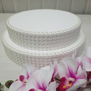 Two tier wedding cake stand, Cake stand height 4 inches, round cake stand with pearls sides, white wedding cake stand,  pearls cake stand