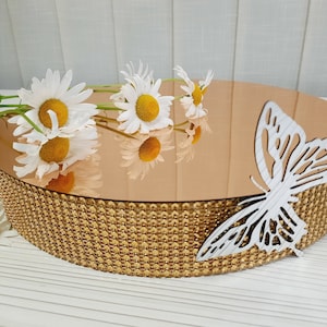 Cake stand butterfly mirror gold with rhinestone sides, butterfly mirror wedding cake stand height 2 inches, gold beautiful mirror cakestand