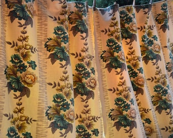 Antique Vintage French Pair Linen Curtain Material Organic Flowers Pattern Boudoir Chateau style Lambrequin Drape Home Decor