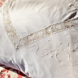 Antique Linen Pillowcase Sham Pillow Case Handmade Crocheted Lace Cushion Cover Vintage Bedding Rustic Romantic Needlework