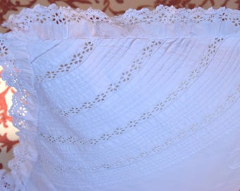Beautiful Antique French Pillowcase Handmade Richelieu Embroidered Vintage Bedding Sham Cushion Cover Case TB Monogram Rustic Romantic Old