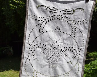 Antique Linen Pair Curtains French Brise Bise Handmade Needlework Richelieu Lace Cafe Curtain Valance Rustic Home Decor Romantic Country