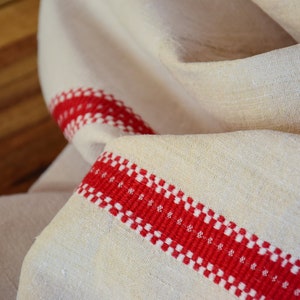 Heavy Pure Hemp Canvas Tablecloth French Antique Rustic Red Stripes Linen Organic Homespun Handwoven Handmade Handloomed Country Old Home