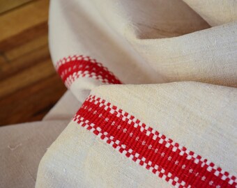 Heavy Pure Hemp Canvas Tablecloth French Antique Rustic Red Stripes Linen Organic Homespun Handwoven Handmade Handloomed Country Old Home