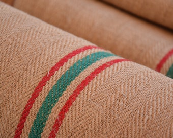 Heavy Hemp 3 m (Price/BOLT) Red-Green Stripes Heavy Antique Roll Stair Runner Grain Sack Herringbone Weave French Rustic Organic Farmhouse