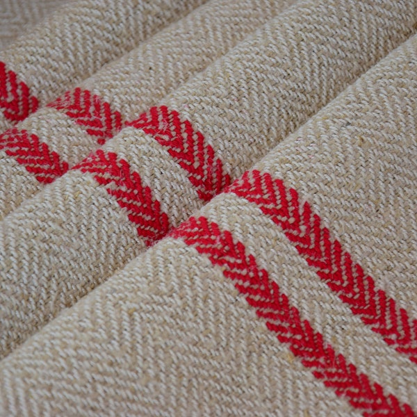 3 yard (Price/Yard) Heavy Nubby Stair Runner Red Stripes Herringbone Antique Bolt Hemp Grain Sack Roll Linen French Rustic Organic Farmhouse