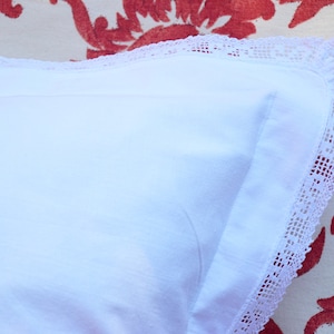 Antique French Pair of Pillowcases French Vintage Bedding Sham Cushion Cover Case Handmade Crocheted Lace Rustic Romantic Old
