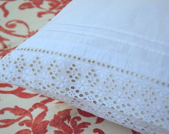 Antique French Pillowcase Handmade Richelieu Madeira Embroidered Vintage Bedding Pillow Sham Case Cushion White Rustic Romantic Old