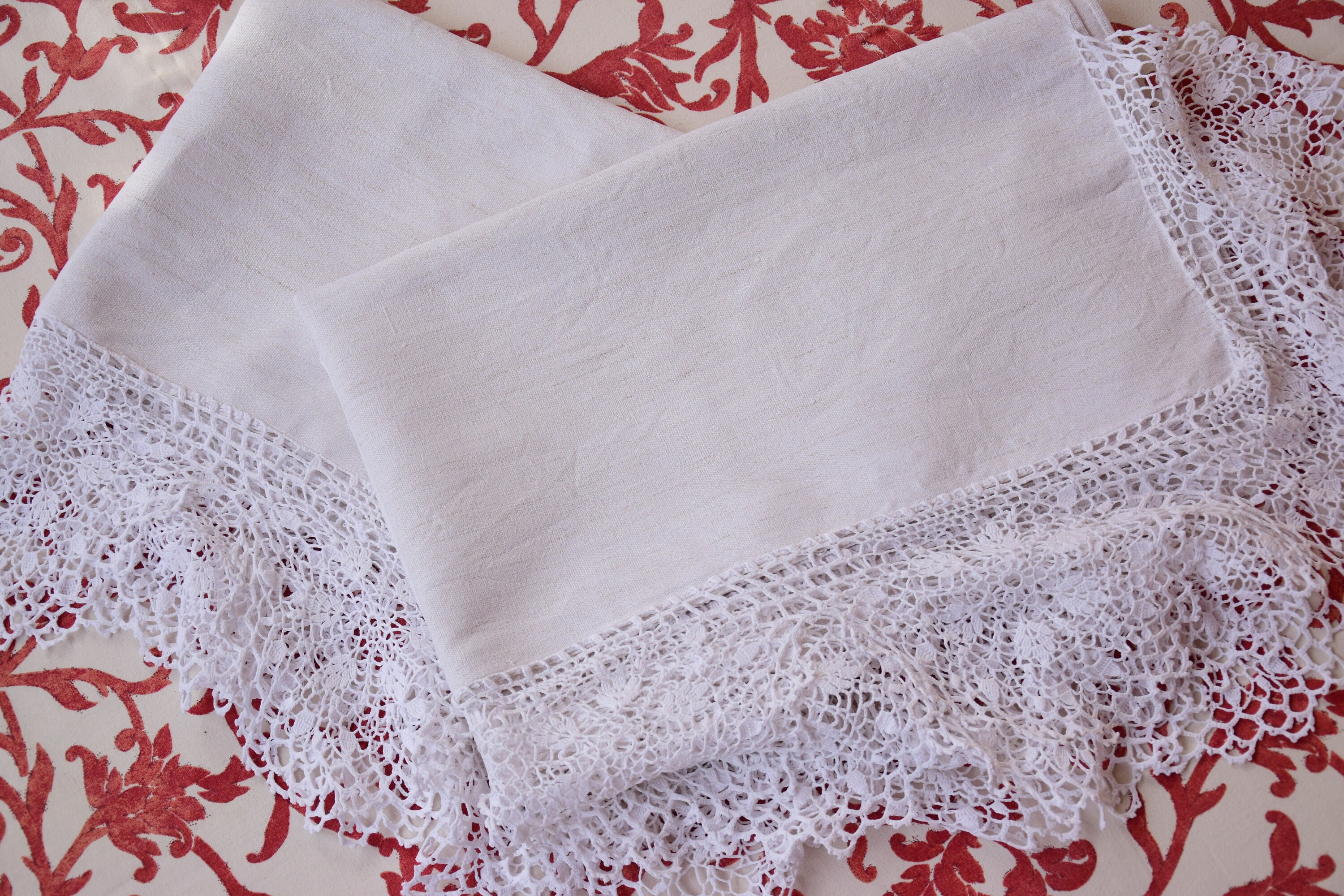 Antique RARE Pair Pure Linen Curtains French Bed Skirt Handmade Crocheted Lace Valance Coverlid