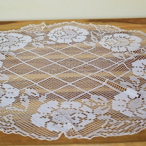 Antique Linen Cotton Handmade Needlework Crocheted Lace French Circle Tablecloth Rustic Romantic Home Decor Old Country