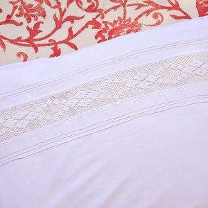 Antique French Pillowcase Sham Vintage Bedding Pillow Case White Cushion Cover Crocheted Lace EM Monogram Rustic Romantic Old