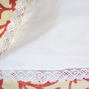 Antique Linen Pair of Pillowcases Sham Pillow Handmade Crocheted Lace Cushion Cover Vintage Bedding Rustic Romantic Needlework Farmhouse