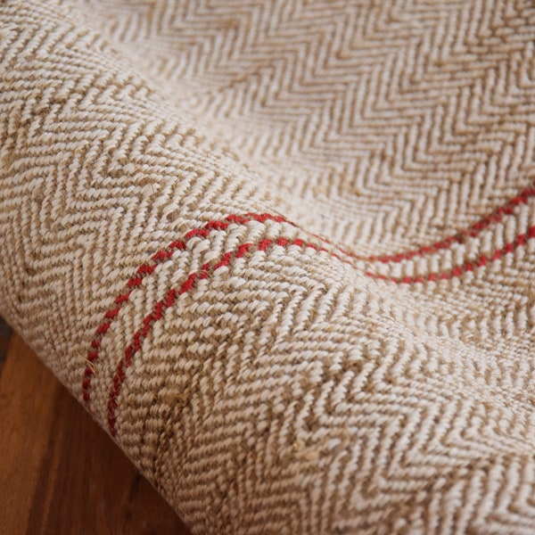 Price/Bolt RARE Heavy Nubby Stair Runner Red Stripes Herringbone Antique Bolt Hemp Grain Sack Roll Organic Linen French Rustic Farmhouse