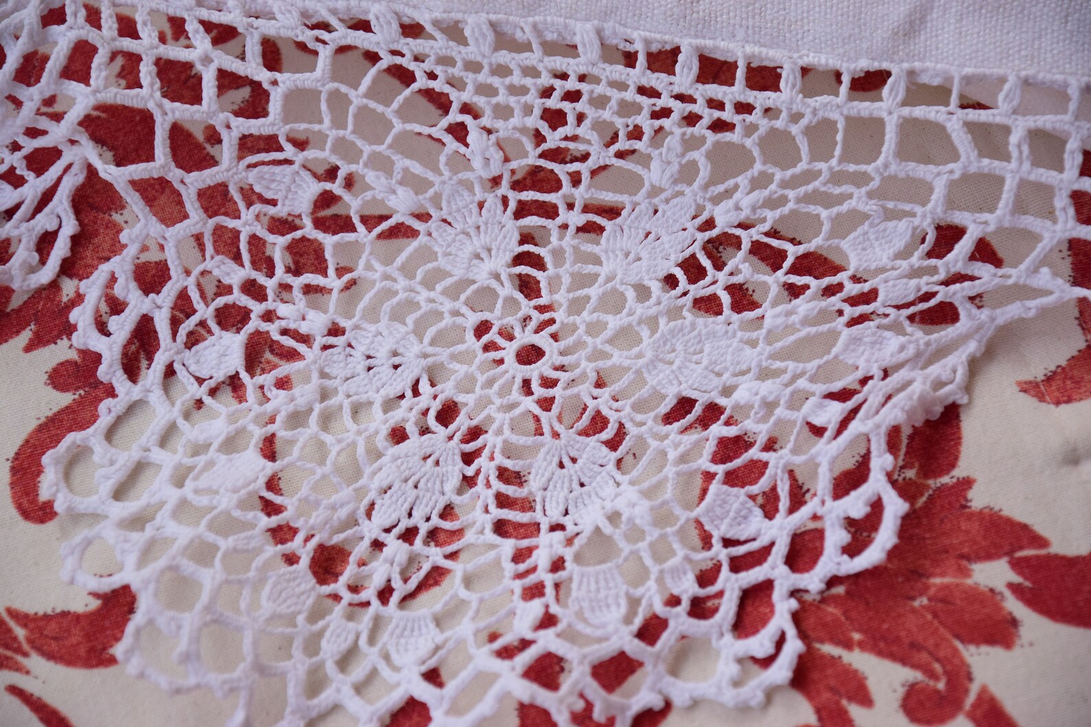 Antique RARE Pair Pure Linen Curtains French Bed Skirt Handmade Crocheted Lace Valance Coverlid