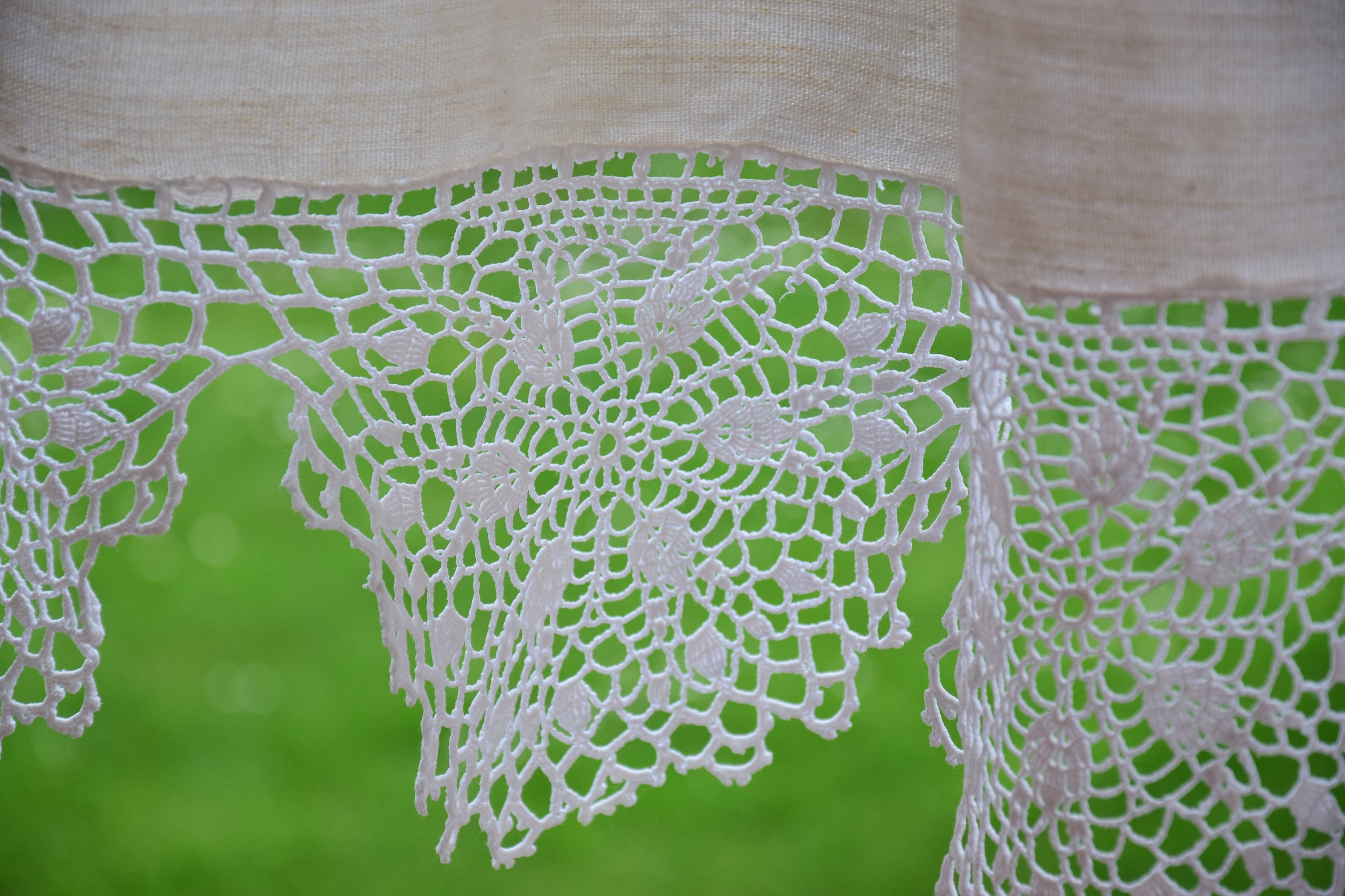 Antique RARE Pair Pure Linen Curtains French Bed Skirt Handmade Crocheted Lace Valance Coverlid