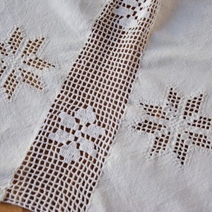 RARE Antique Bedspread Pure Linen French Rustic Handmade Crochet Lace Beautiful Needlework Coverlet Throw  Bedcover Home Decor