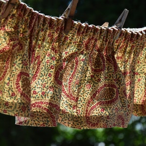 Antique Vintage French Pair Linen Curtain Organic Flowers Paisley Pattern Boudoir Chateau style Barkcloth Lambrequin Drape Home Decor