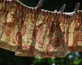 Antique Vintage French Pair Linen Curtain Organic Flowers Paisley Pattern Boudoir Chateau style Barkcloth Lambrequin Drape Home Decor