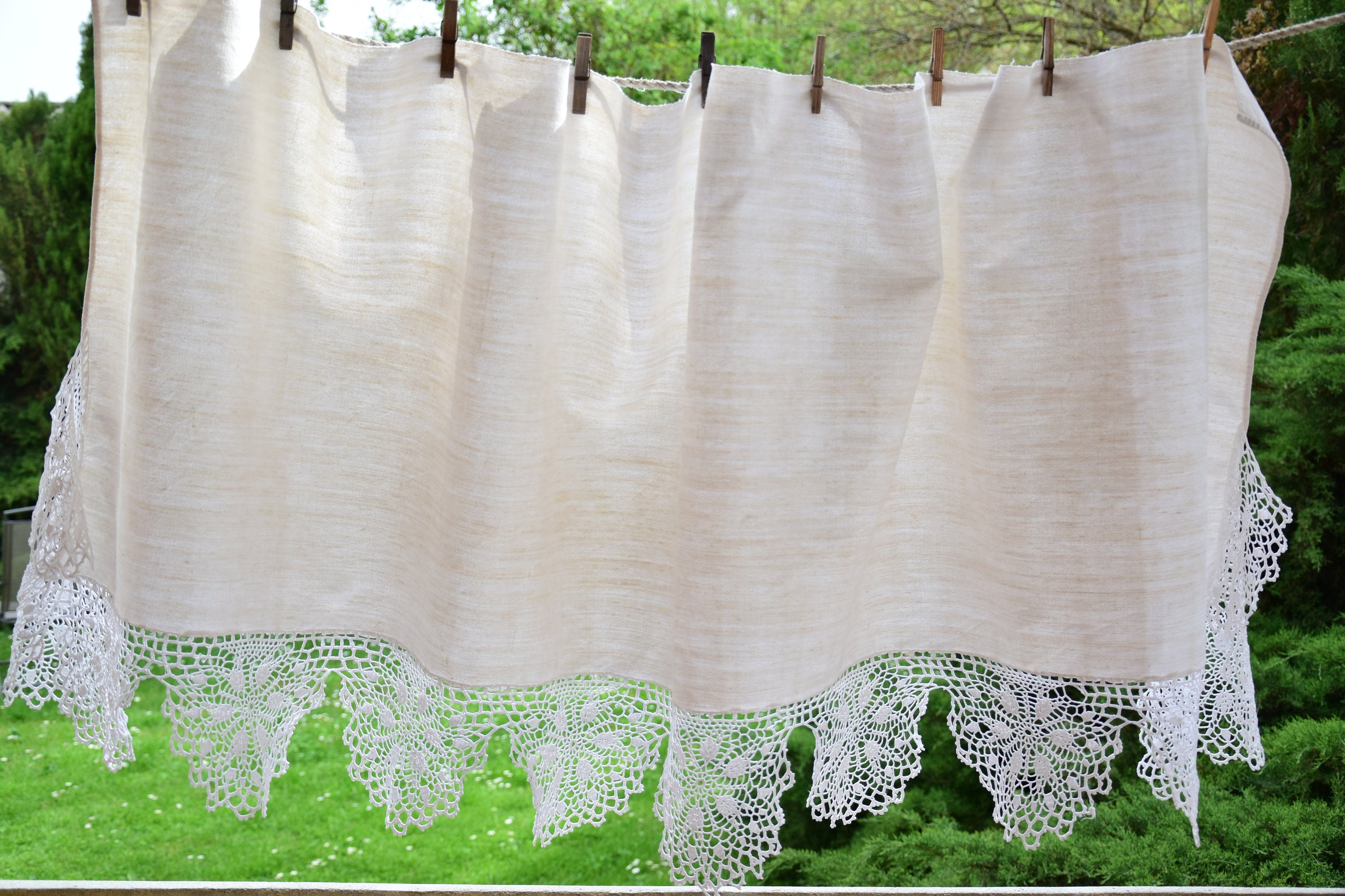 Antique RARE Pair Pure Linen Curtains French Bed Skirt Handmade Crocheted Lace Valance Coverlid