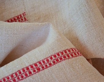 Nubby Pure Hemp Canvas Tablecloth French Antique Rustic Red Stripes Linen Organic Homespun Handwoven Handmade Handloomed Country Old Home
