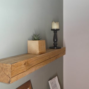 Puede incluir: Una estanter&iacute;a de madera r&uacute;stica con una peque&ntilde;a planta suculenta en maceta, un candelero negro con una vela blanca y una cabeza de reno de madera montada en la pared.