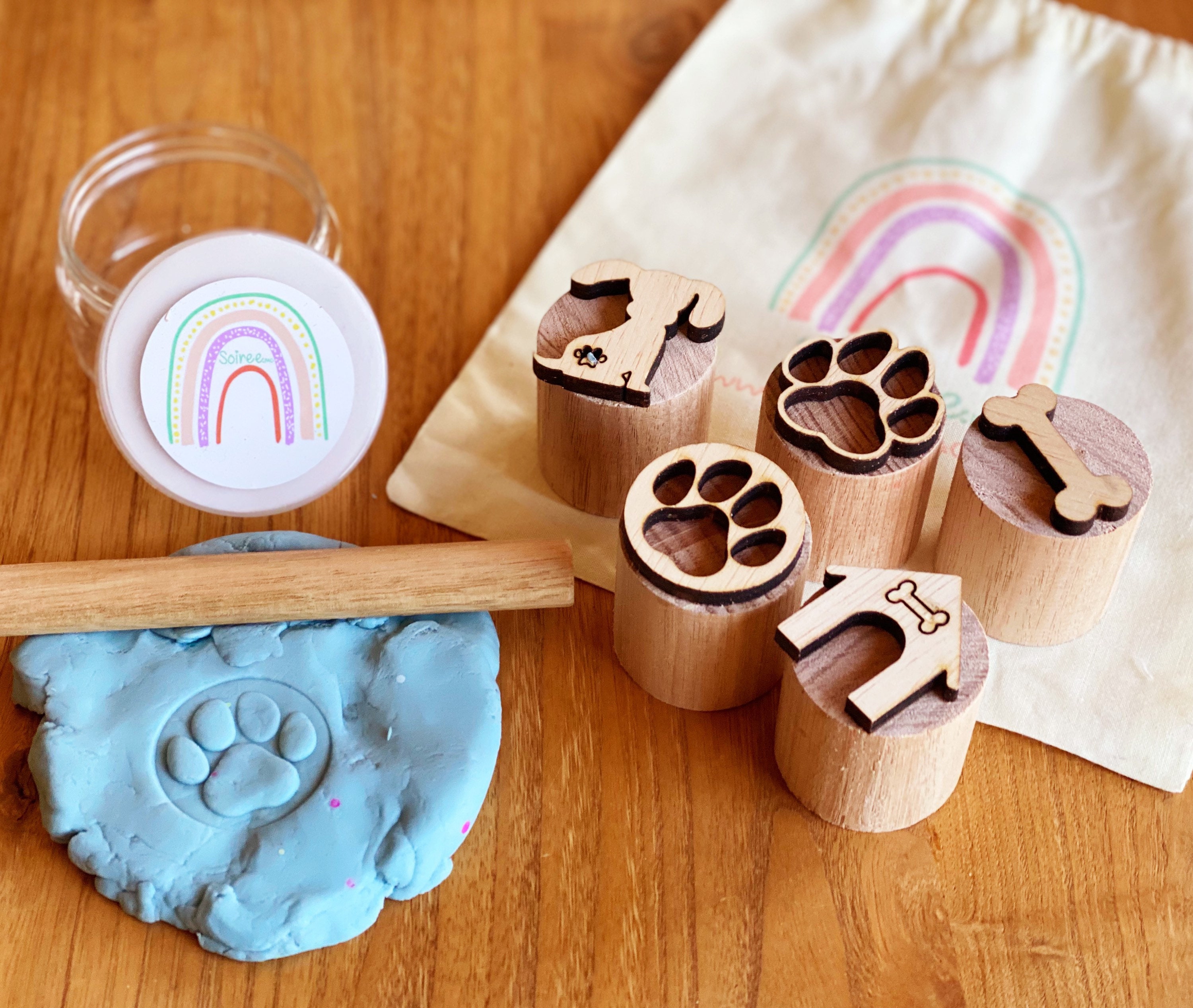 Natural Wooden Play Dough Stamp Kit Etsy