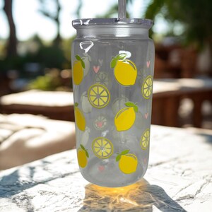 Lemon Glass Iced Coffee Cup with Lid and Straw – 16oz Cold Drink Tumbler – Aesthetic Reusable Cup for Iced Coffee, Tea, Smoothies Bamboo lid