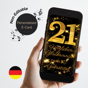 Alles Gute zum 21. Geburtstag como E-Card. Preto e Ouro. Cartão digital de aniversário em alemão. Animado com áudio. Cartão de aniversário em vídeo.