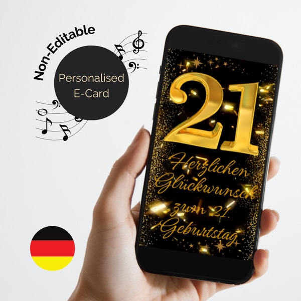 Alles Gute zum 21. Geburtstag als E-Card.Schwarz und Gold. Digital Birthday eCard in German. Animated with audio. Video Birthday card.