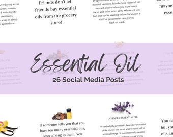 May include: A digital graphic featuring the text Essential Oil 26 Social Media Posts centered on a light purple banner. The image displays various essential oil descriptions, botanical illustrations, and quotes about essential oils.