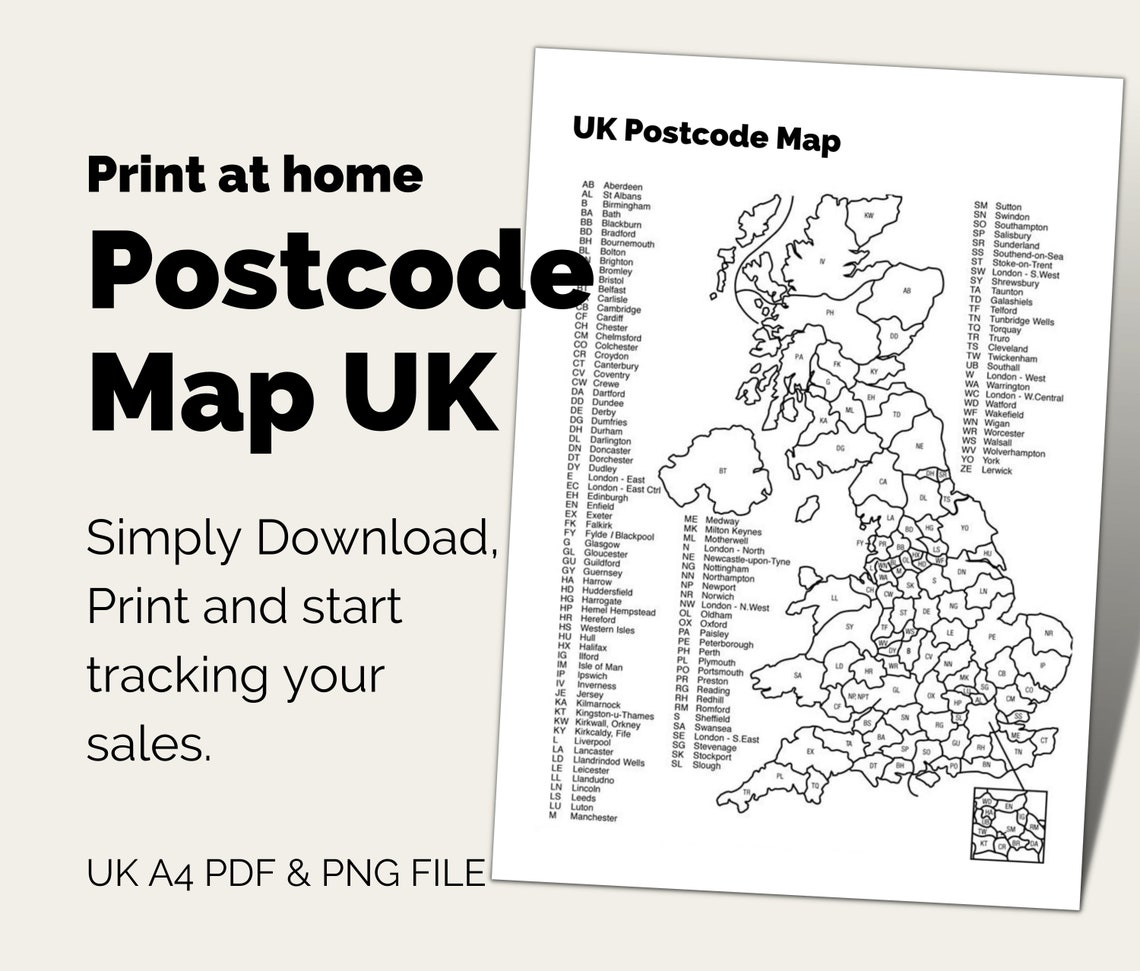 Printable UK Postcode Map. Etsy Sales Tracker. A4 Print at Etsy UK